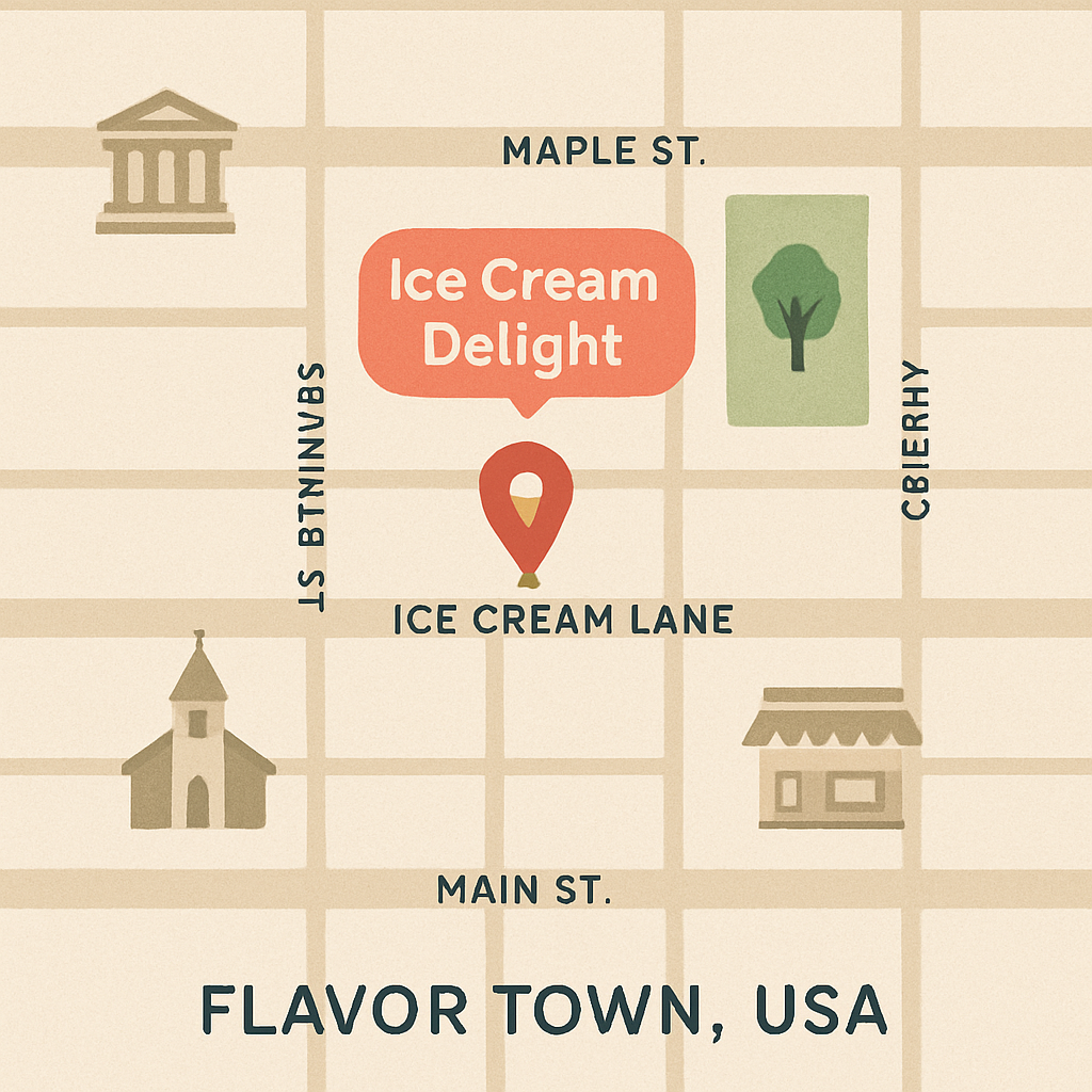 A map showing the location of Ice Cream Delight store