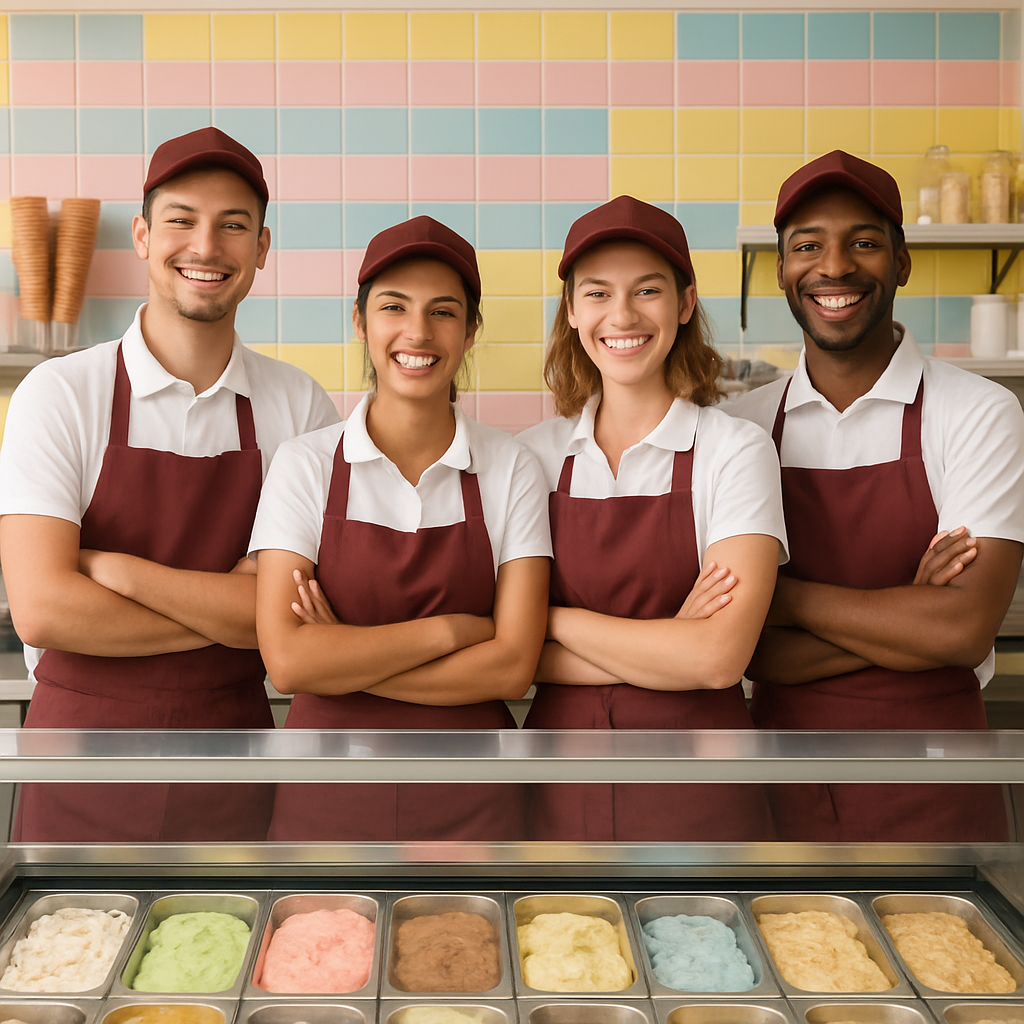 The dedicated team behind our ice cream shop, smiling and ready to serve customers